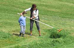 Händische Wiesenarbeit, da er nicht mit schweren Maschinen befahrbar ist - Heimenkirch 2007