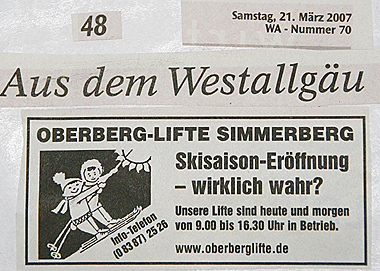 Skisaison Eröffnung Ende März wegen Schneemangel 2007