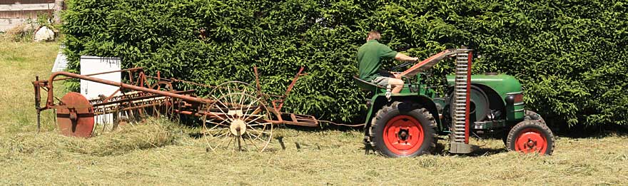 Kramer K12 V Baujahr 1951, hinten dran: Schwadrechen Fa. Fahr, Typ U65 wenden und schwaden (Schochen) möglich