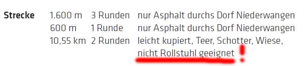 Laufsportveranstaltungen sind das was der Name schon sagt, es wird gelaufen und demzufolge sind diese auch nicht Rollstuhlfahrer geeignet. Aus rechtlichen Gründen muss darauf hingewiesen werden. -> ??????