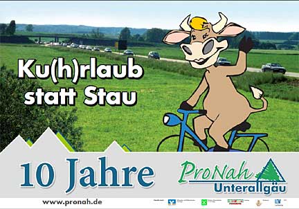 Anlässlich des zehnjährigen Jubiläums von ProNah startete am Freitag, 25.04.2014, eine Plakataktion im ganzen Landkreis Unterallgäu. Auf rund 60 Wänden waren für rund zehn Tage vier Motive zu sehen, auf denen Kuh "Nahni" und Stier "Proni", die Maskottchen des Vereins, für Nahurlaub, für Naherholung oder für Arbeitsplätze in der Region werben. Hier ein paar Beispiele