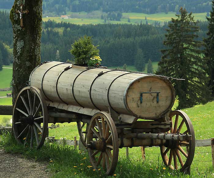 Ein altes Holz Güllefass auf der Schlossbergalm als Bonsai Baumschule