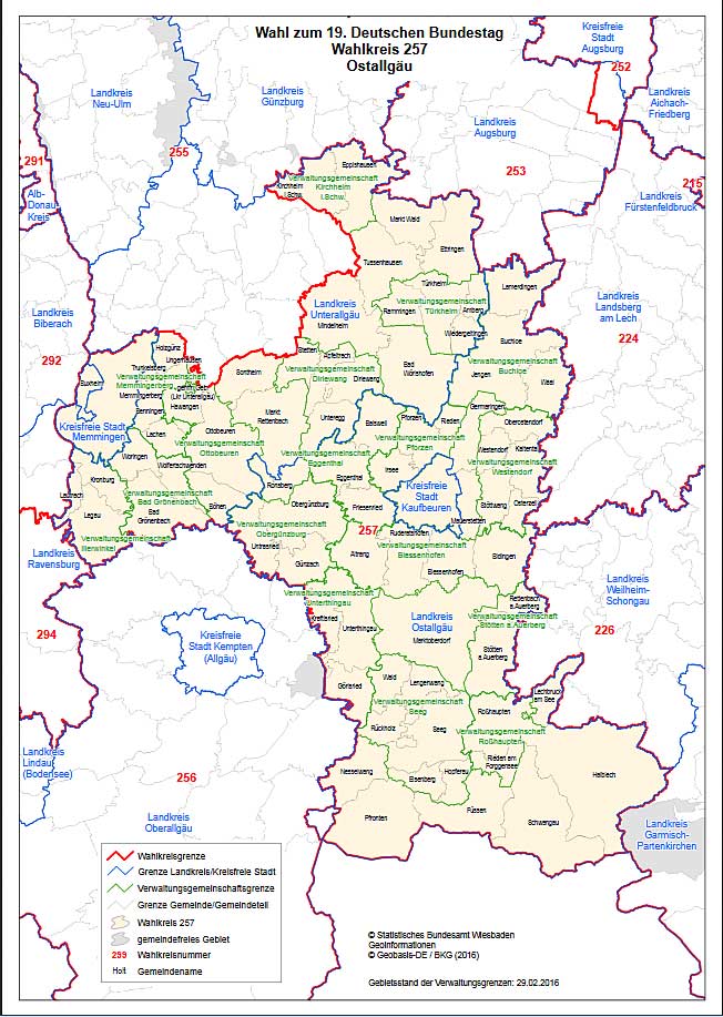 Zur Bundestagswahl wird das Allgäu in zwei Teile aufgeteilt - Unterallgäu und Ostallgäu, Wahlbezirk 257