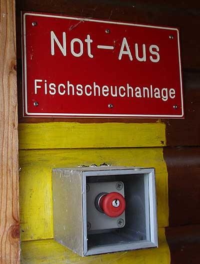 Im Haus auf dem Damm befindet sich der Schalter einer Fischscheuchanlage, damit die Flusskrebse nicht fliehen können - Grüntensee