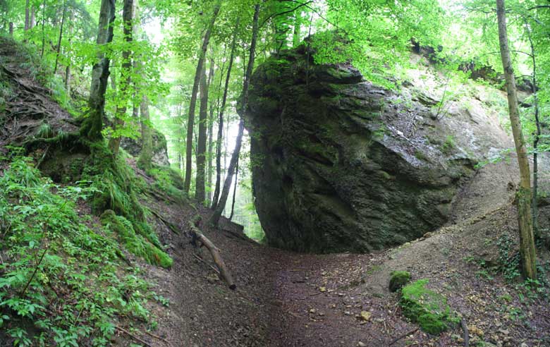 Teufelsküche bei Obergünzburg - eigentlich eine große Anzahl von mehr als haushohen Felsabrüchen, die im Günztal den Hang hinunter gerollt und gerutscht sind. Auf Grund ihrer Größe und Vielzahl ranken sich viele Sagen um diesen Ort. 