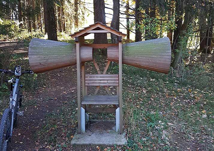 Hörhilfe Allgäu - Es soll hier auf die Geräusche im Wald aufmerksam gemacht werden - Allgäuer Hörhilfe aus Weisstanne auf dem Witwe Bolte Weg zw. Lengenwang und Wald (Ostallgäu)