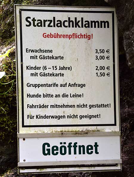 Eintrittspreise Starzlachklamm 2018 - 3,50  Euro pro Person