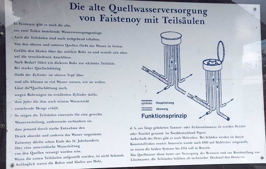 Mittelalterliche Wasserversorgung eines Dorfes gut erklärt mit Teilsäulen und Deichelbohrern in Faistenoy