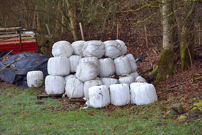 Die Bergbauern Silageballen aus echtem Bergwiesenheu am Rand gestapelt im Zwiesele mit der Rundballenpresse von Wolagri (Italien)