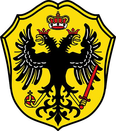 Wappen Erlenbach: gekrönten Doppeladler, der in der rechten Klaue den Reichsapfel mit Kreuz und in der linken Klaue ein Schwert hält. Über den Adlerköpfen schwebte ein Kurfürstenhut. Unterhalb der Adlerköpfe befanden sich die Buchstaben E und B (Erlenbach).