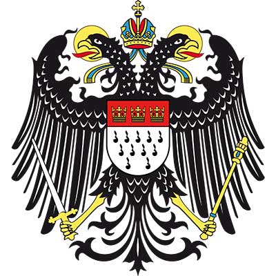 Das Kölner Wappen (der Wappenschild) wird eingefasst durch einen doppelköpfigen Adler mit Zepter und Schwert. Dieses Symbol des Heiligen Römischen Reiches, bei dem ein Adlerkopf jeweils für Kaiser- und Königsmacht stand, verkörpert den Status als Freie Reichsstadt, den Köln de jure 1475 erhielt 