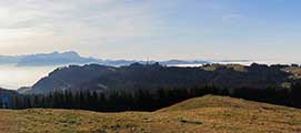 Panorama Alpenhauptkamm Allgäu - Blick vom Hochberg in das obere Rheintal, Säntis, Pfänder, Bodensee und Skywalk von Scheidegg