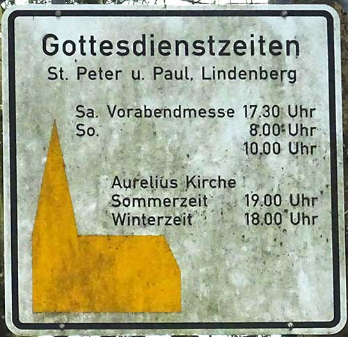 Hinweisschild auf Gottesdienste - Katholische Messe, Verkehrsblatt 1960 in Lindenberg