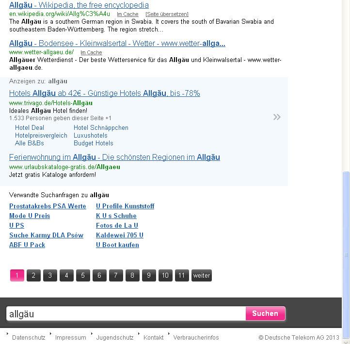 Websuche mit Google auf dem Internetportal der Telekom mit der Suchabfrage "Allgäu"